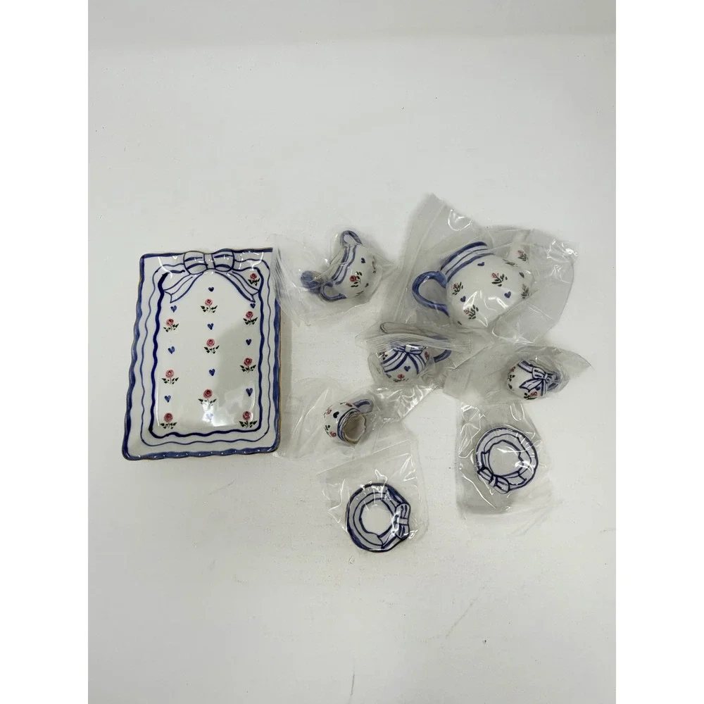 Miniature Tea Set Blue White Floral Roses Tray Dollhouse Display Original Box